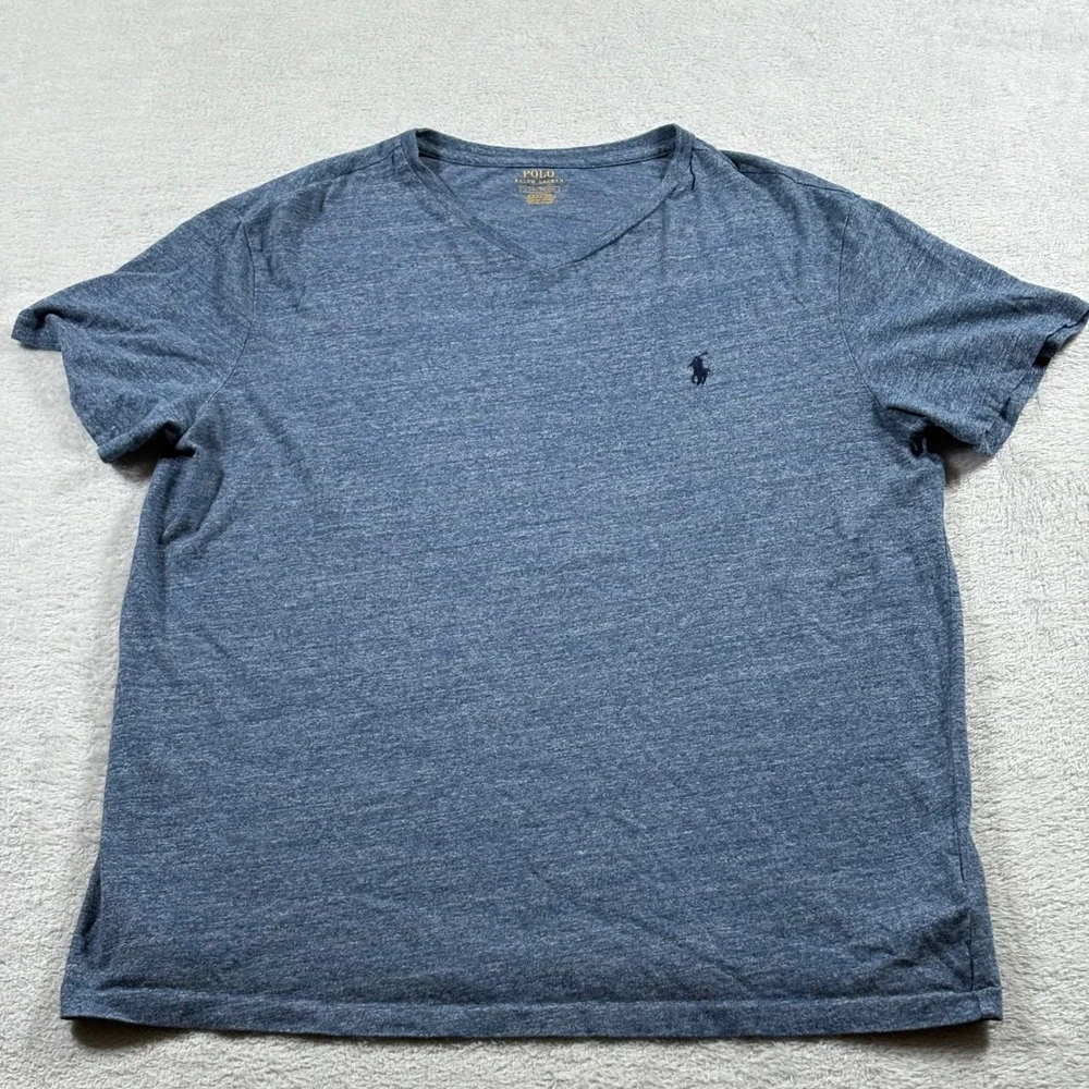 Polo Ralph Lauren V-Neck T-Shirt Mens Blue Heathered Pony Logo Cotton Large